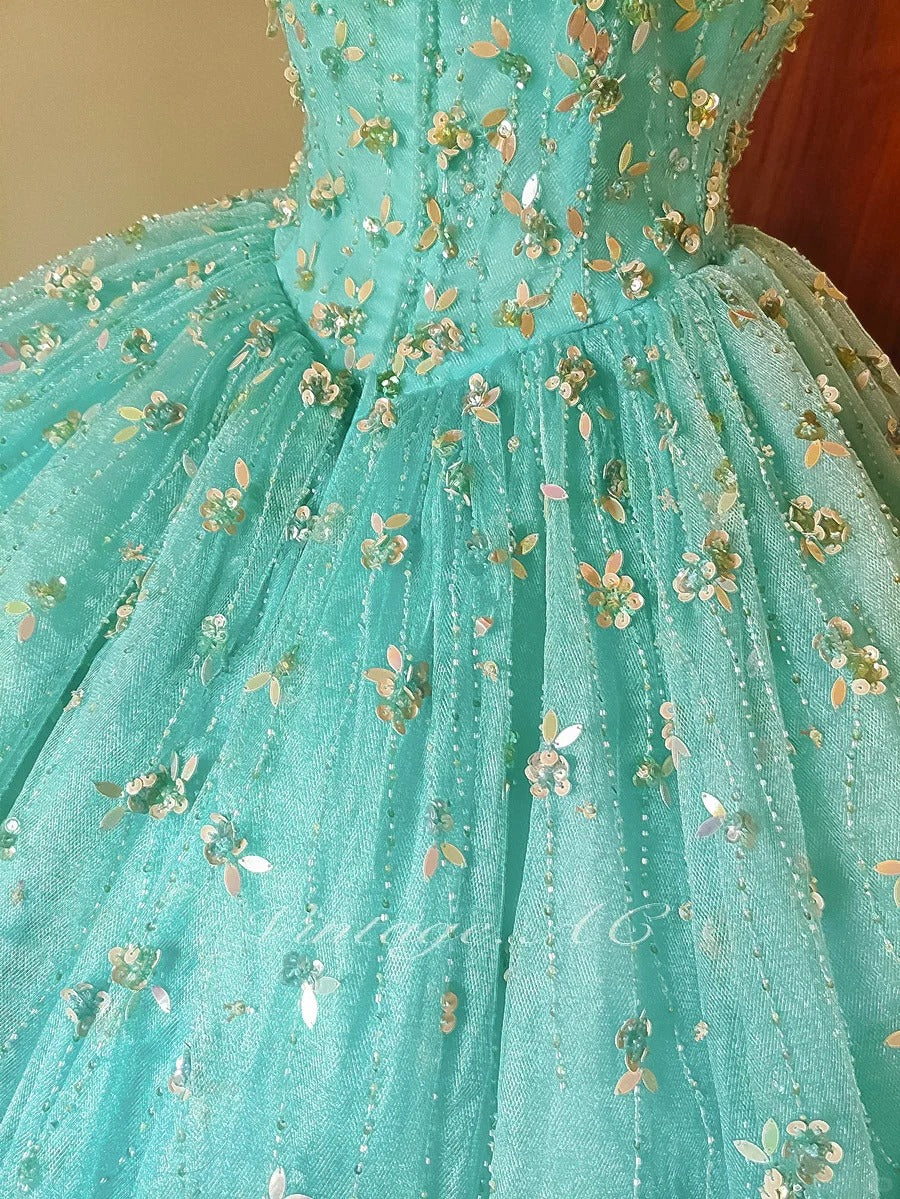 Girlhomeshops - Robe de bal longue en tulle vert menthe à paillettes et perles florales, longueur au sol, gh5300