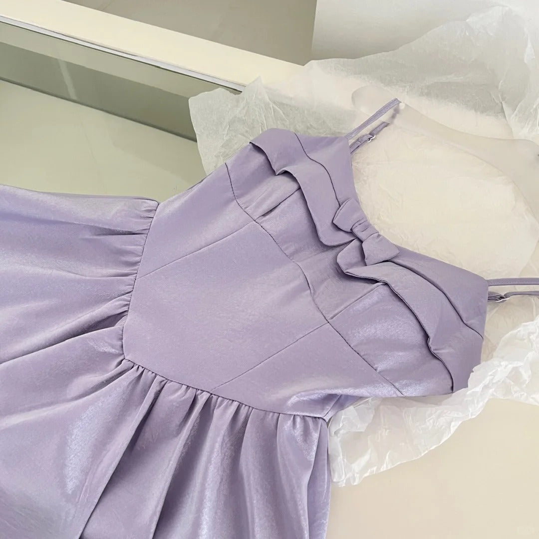 Robe de soirée courte en satin avec nœud violet, robe de bal, robe de fête d'anniversaire, gh4559