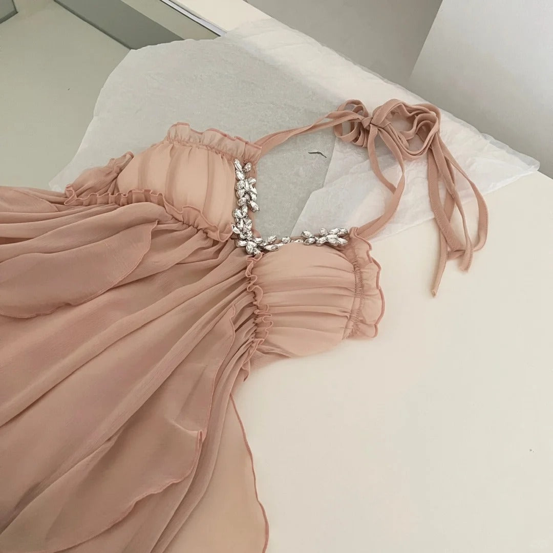 Hellrosa schönes Urlaubskleid Französische Atmosphäre High-End Neckholder tiefes V rückenfreies Kleid gh4563