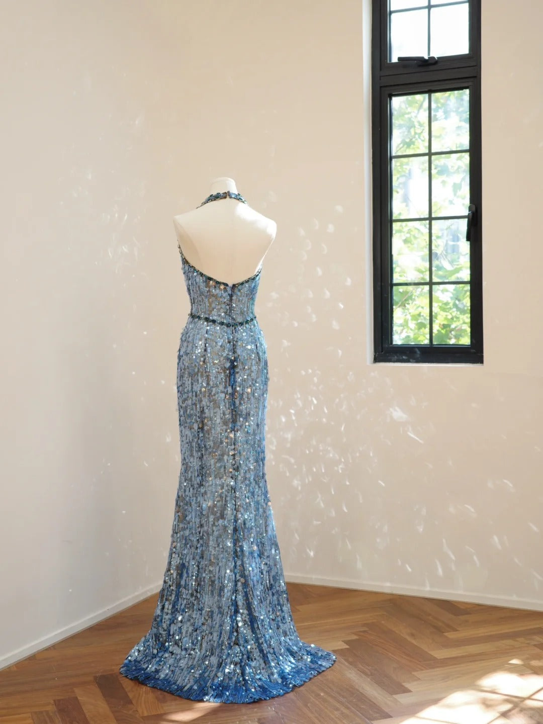 Girlhomeshops-Blaues, modisches V-Ausschnitt-Lang-Pailletten-Ballkleid-Abendkleid gh5069
