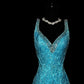 Blue Shiny Fashion Elegant V-neck Floral Long Mermaid Slim Fishtail Skirt Satin Floor Length Train Ball Gown Evening Gown Party Dress Prom Dress gh3818