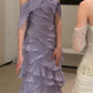 Shimmering Lilac Halter Dress with Cascading Ruffles Floral Accent Elegant Floor-Length Mermaid Formal Gown gh7102