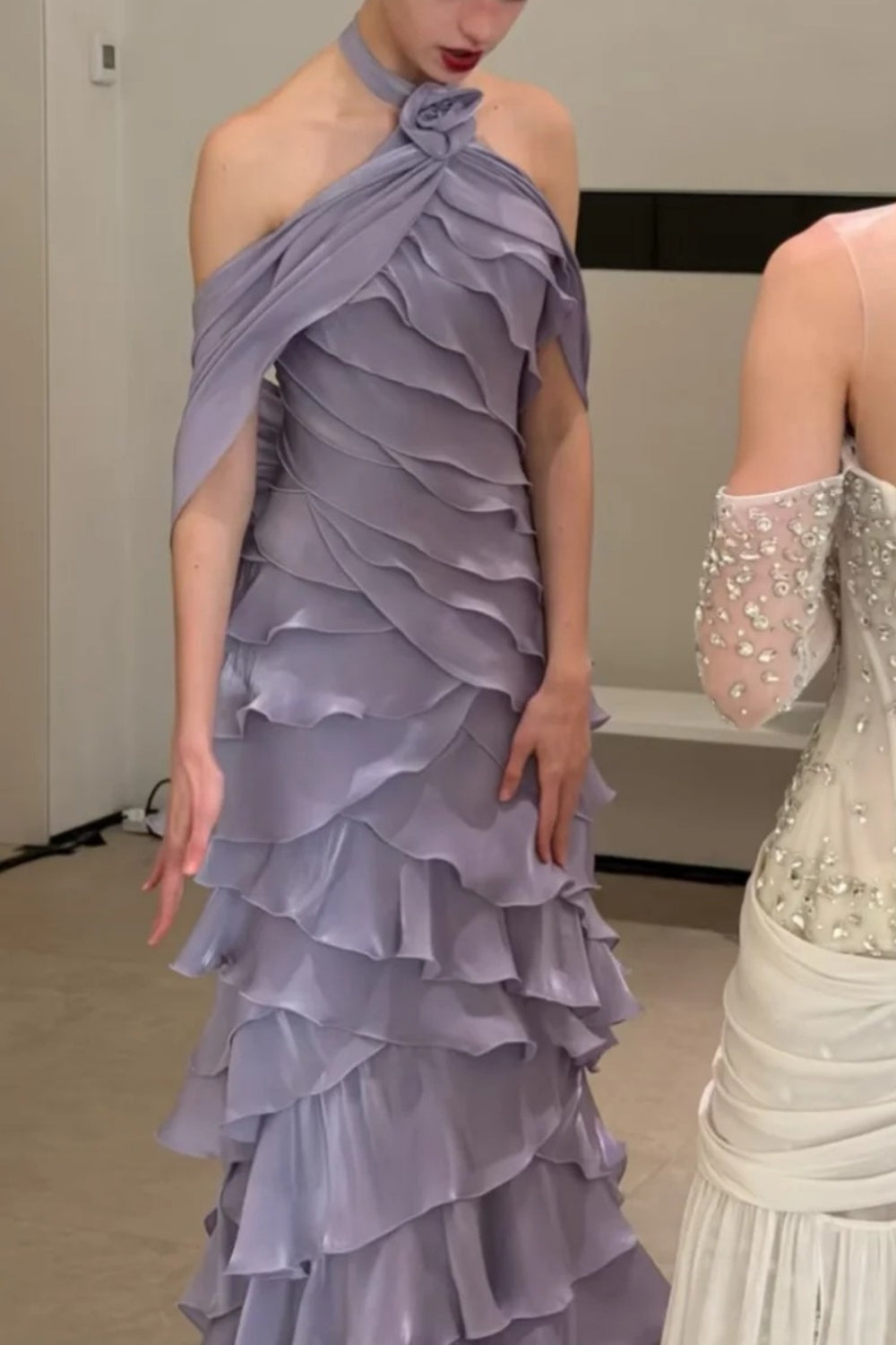 Shimmering Lilac Halter Dress with Cascading Ruffles Floral Accent Elegant Floor-Length Mermaid Formal Gown gh7102