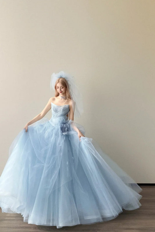 Rêve Bleu Glacé - Robe de mariée bustier en tulle floral 3D, voile intégral. gh7089