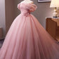 Pink Rose - Off-the-Shoulder 3D Floral Ball Gown, Tulle Train Princess Dress gh7071