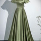 Vintage Olive Green - Square Neck Puff Sleeve Satin Gown, Waisted Flare Socialite Evening Dress  gh7074