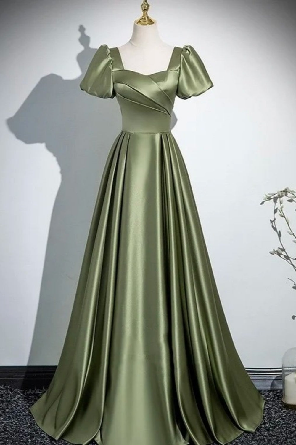 Vintage Olive Green - Square Neck Puff Sleeve Satin Gown, Waisted Flare Socialite Evening Dress  gh7074