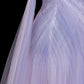 Robe de soirée féérique de luxe, style onirique, en tulle violet clair, sans bretelles et avec traîne - Thème Starlight, pour dîner ou bal gh6562