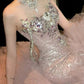 Robe de soirée sirène longue en mousseline rose, luxueuse et ornée de perles, coupe ajustée, gh6758