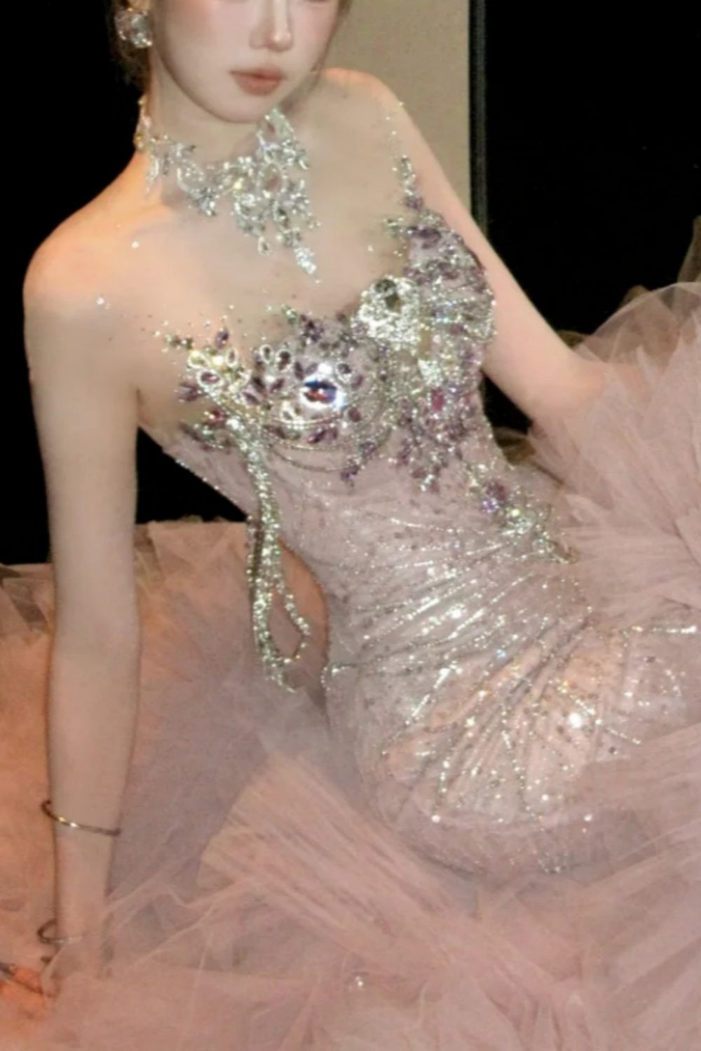 Robe de soirée sirène longue en mousseline rose, luxueuse et ornée de perles, coupe ajustée, gh6758
