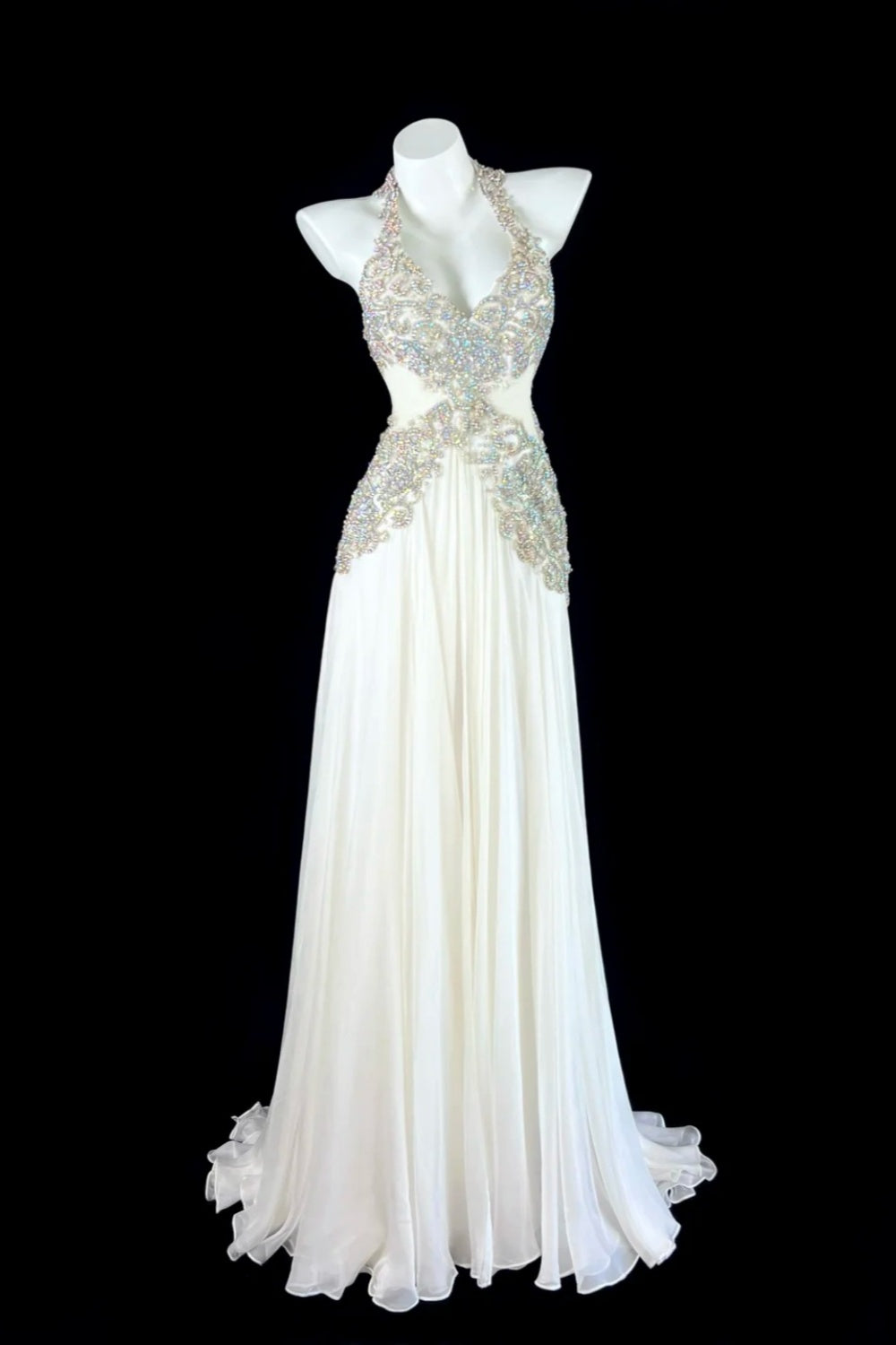 White exquisite pearl embellishment long chiffon evening gown gh6756