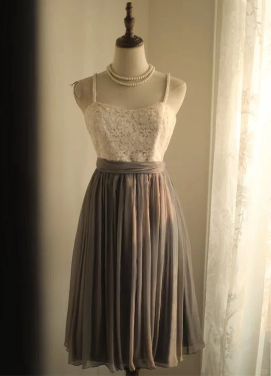 Robe de bal courte en mousseline de soie, style vintage, en dentelle grise, gh4497