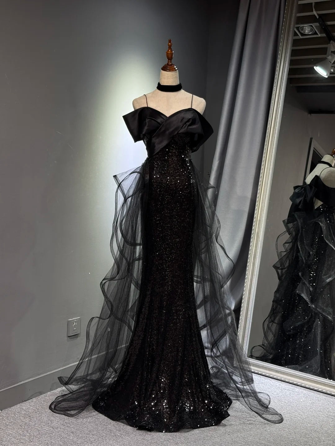 Girlhomeshops - Robe de soirée longue noire brillante et élégante en tulle pailleté, robe de bal, robe de remise de diplôme, gh5107
