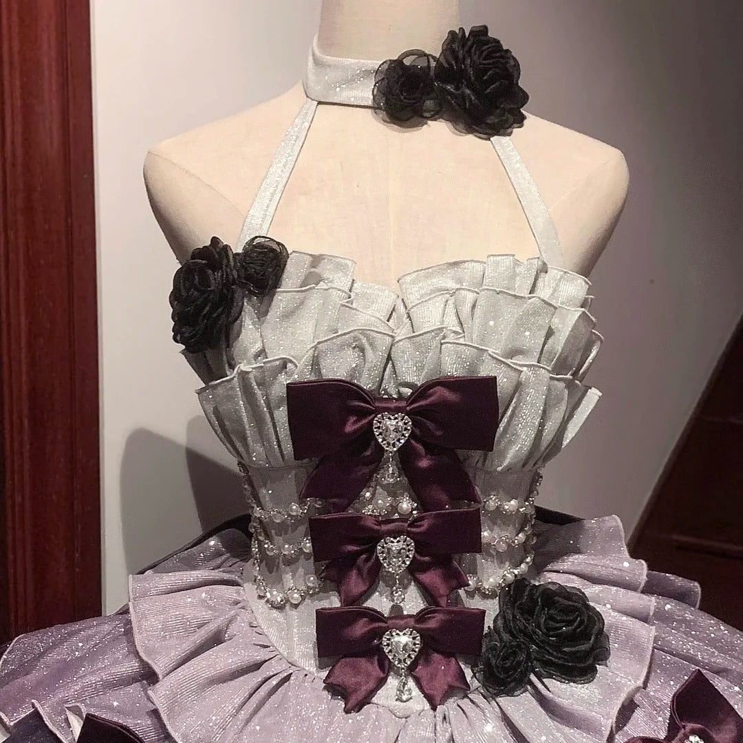 Lila Süßes Perlenbesetztes Spitzen-Tüll-Kurzes Lolita-Ballkleid Homecoming-Kleid gh4381