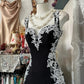girlhomeshops-Retro Psychedelic Style Black Tulle & White Lace Spaghetti - Strap Maxi Long Birthday Fantasy Dress gh5883