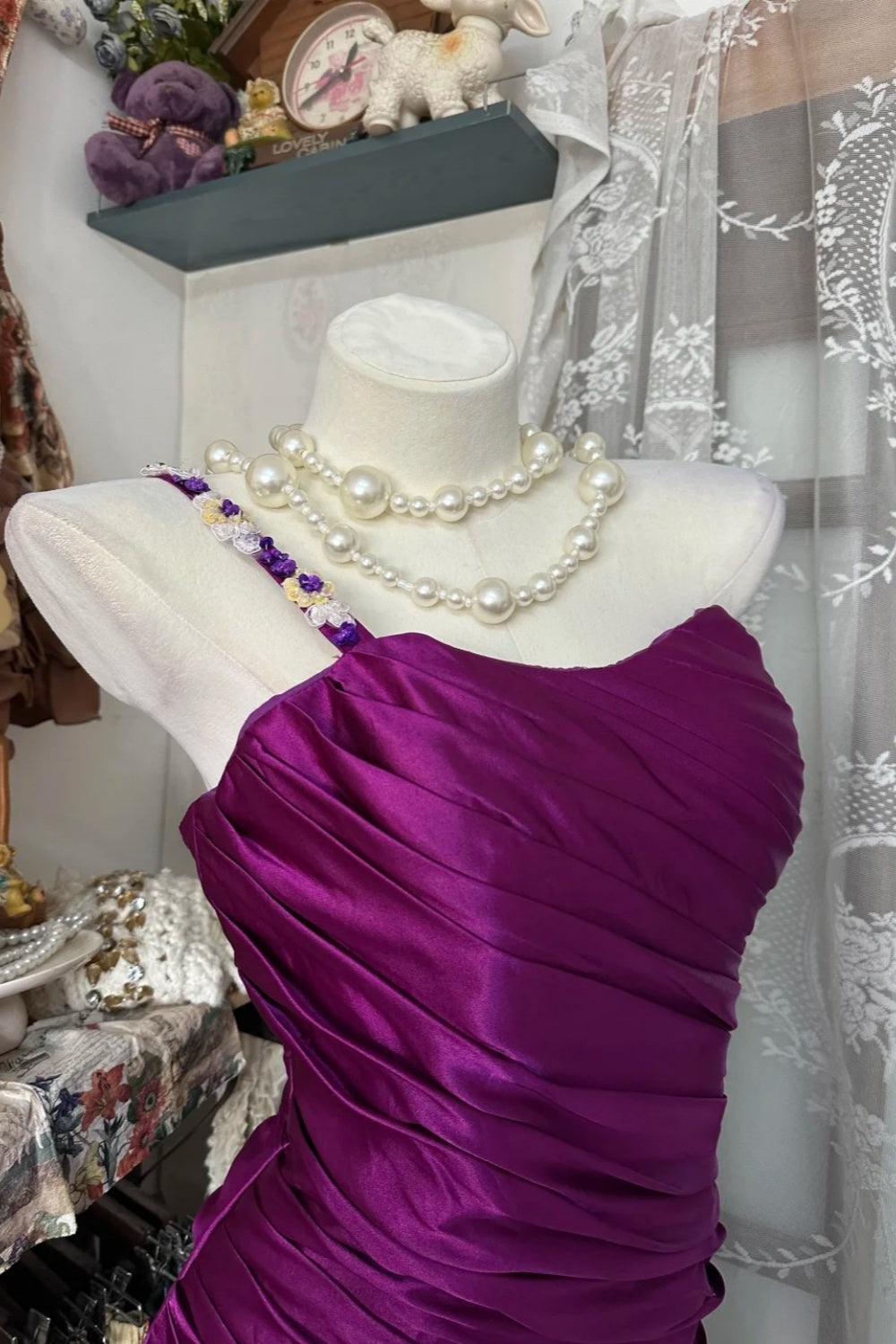 girlhomeshops-Neues Retro-Kleid, lila Satinkleid gh61278