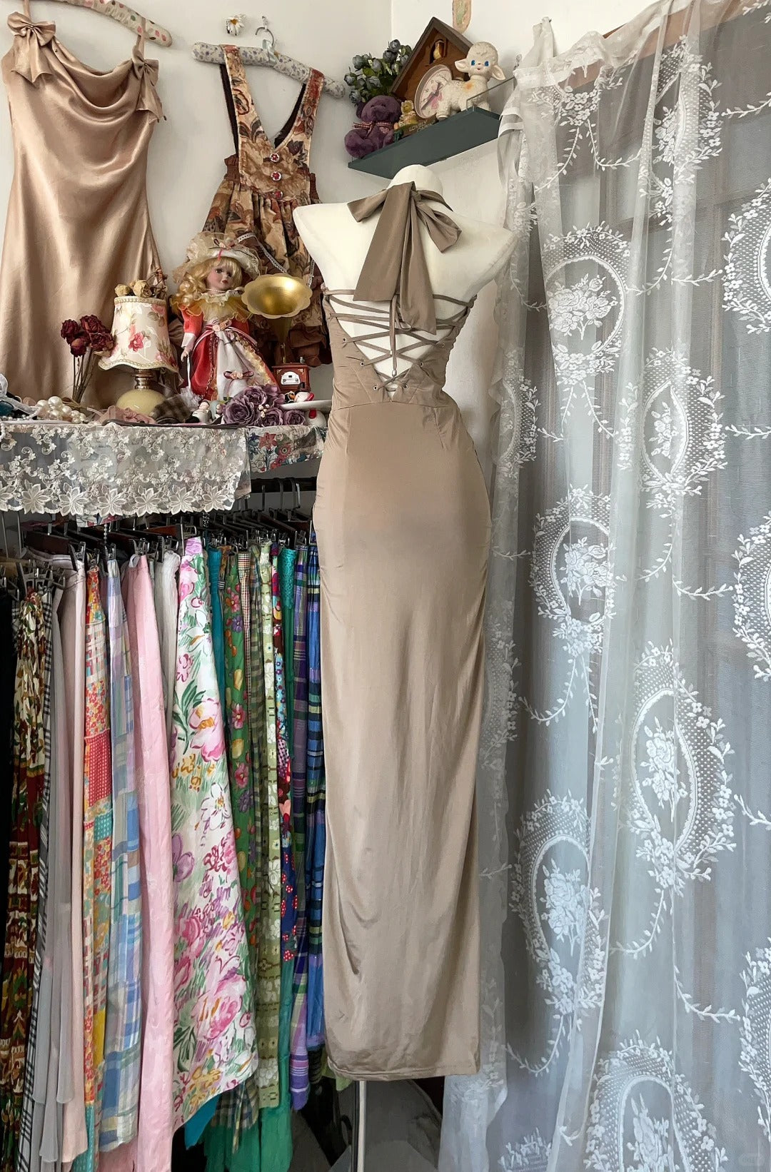 Girlhomeshops - Hellbraunes Meerjungfrau-Kleid, lang, figurbetont, Satin, Ballkleid, Abendkleid, Partykleid, gh5245