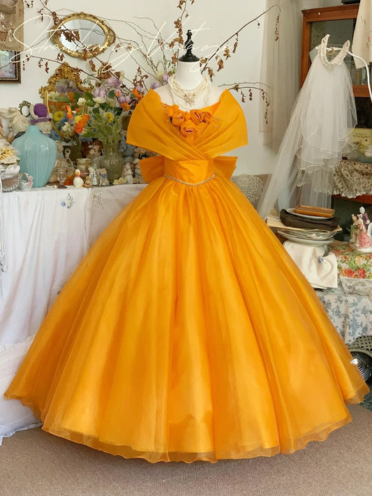 Orange Gelb Blumen Langes Tüll Ballkleid Abendkleid Quinceanera Kleider gh4575