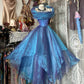 Vintage-Ballkleid im Court-Stil, blau-violett Ombré, schulterfrei, aus Spitze, schimmernder Organza, gh7091
