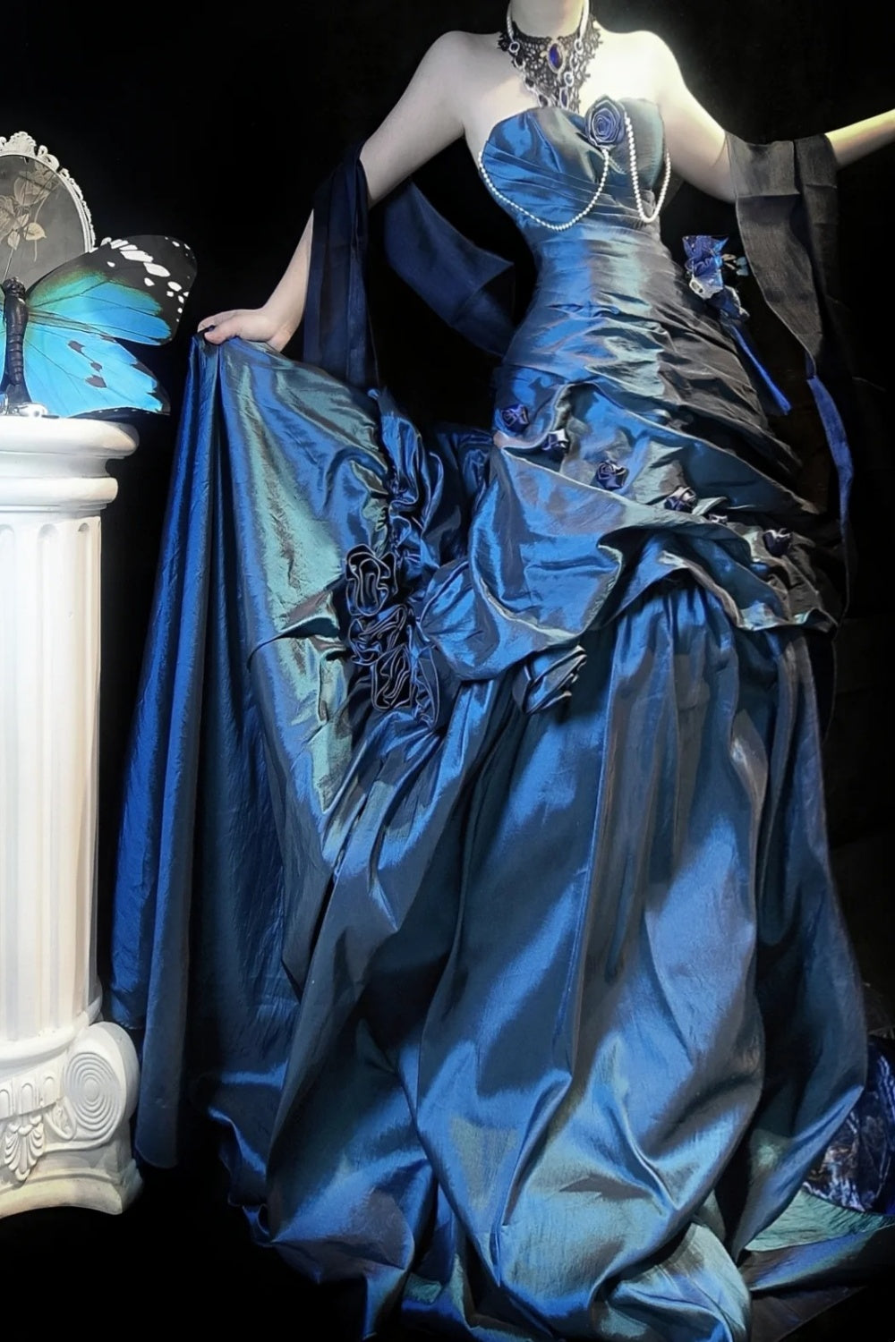 Vintage-style elegant blue taffeta long ball gown gh6845