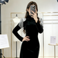 Velvet Crystal Fringe Slim Maxi Dress - High Neck Long Sleeve Party Statement Gown gh6972