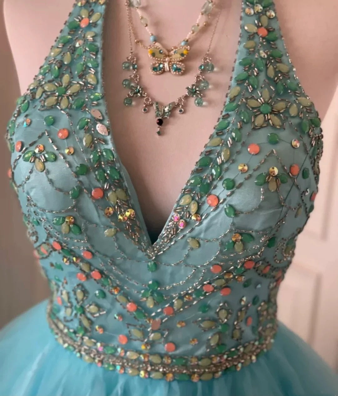 Blaues, kurzes Chiffon-Kleid mit Perlenbesatz, Ballkleid, Geburtstagspartykleid, gh4847