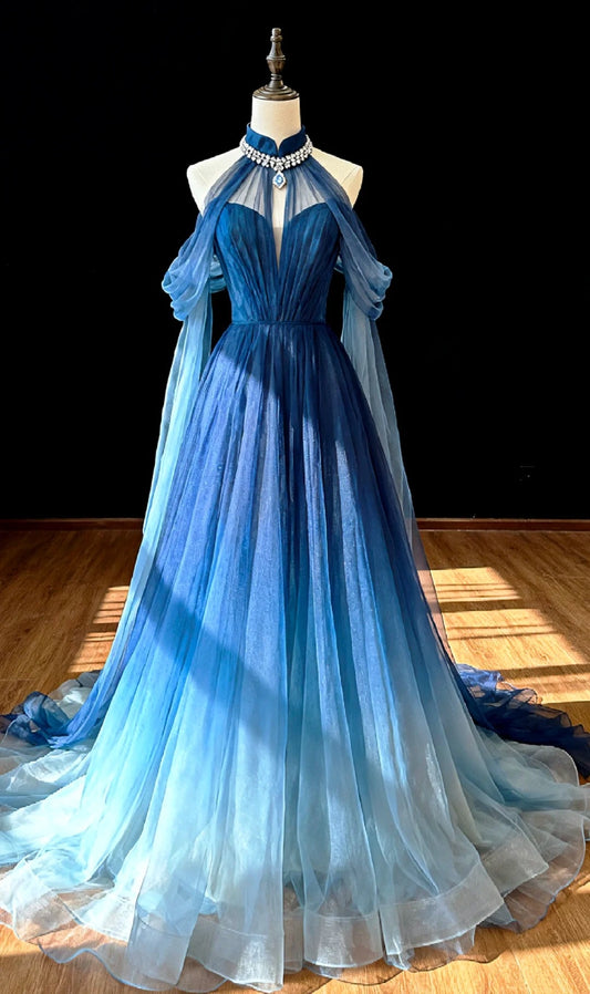 girlhomeshops-Blue Halter-Neck Gradient Long Tulle Dress gh6237