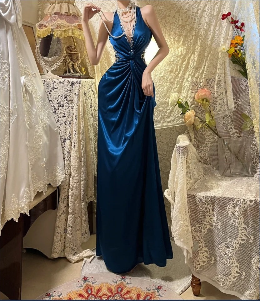 Robe de bal longue en satin bleu rétro élégante et tendance, robe de soirée, robe de remise de diplôme, gh4257