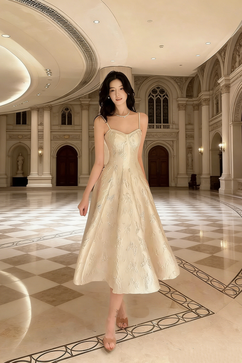 Champagnerfarbenes Jacquard-Kleid mit dünnen Spaghettiträgern und taillierter Silhouette – elegantes Abendkleid für leichte Abendveranstaltungen gh6959