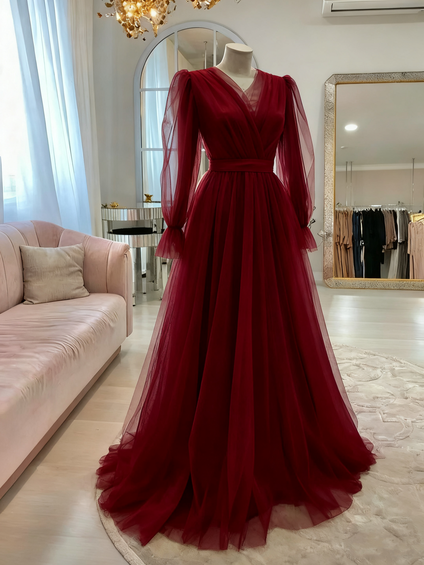 Robe de soirée longue en tulle rose de haute qualité, simple et élégante, à manches longues, robe de bal, robe de mariée, robe d'invitée, robe de gala Gh2215