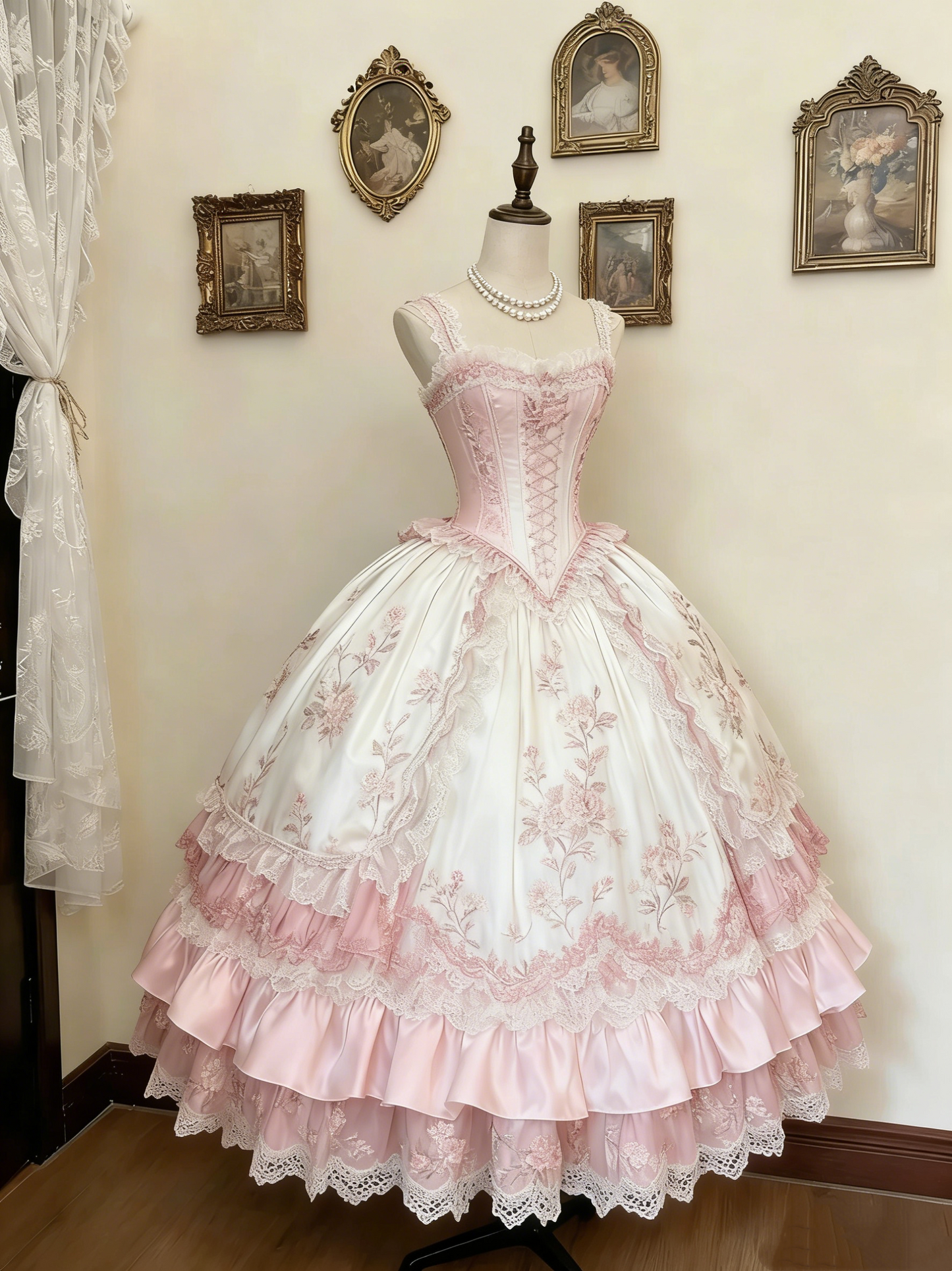 Robe de palais rococo rose verte et blanche gh6781