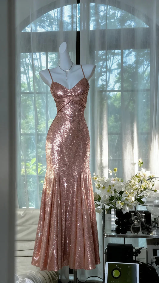 Roségoldenes Pailletten-Abendkleid im Meerjungfrauenstil mit Spaghettiträgern, schmal geschnitten, langes formelles Kleid gh7100