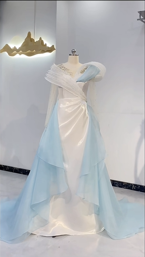 Light Blue And White Color Block Waist-Cinched Long Evening Dress, Fairy Gown, Romantic Gown gh7382