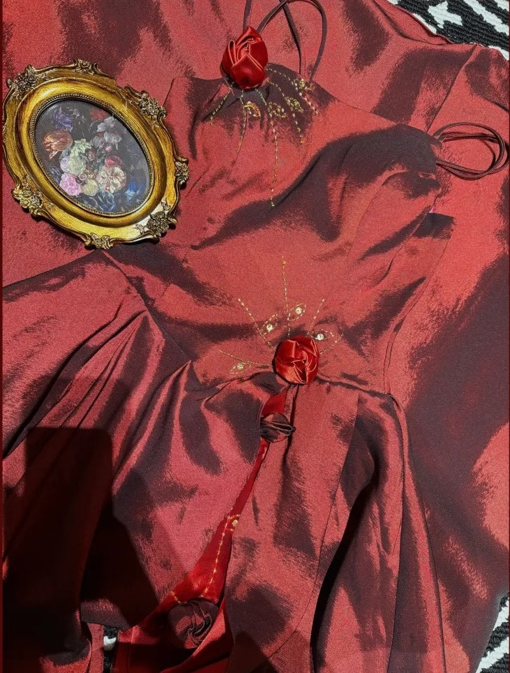 Robe de soirée longue en satin et tulle à fleurs, tenue de bal, de remise de diplôme, bordeaux, exquise, perlée, gh4255