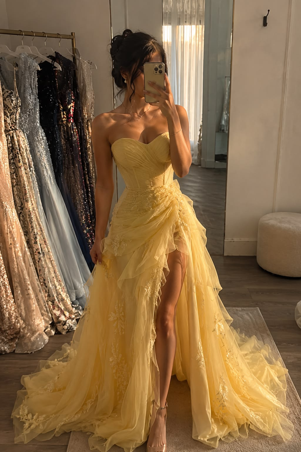 Yellow Strapless Dress with Boned Bodice, Waist-Cinched, Slit Skirt, Elegant Prom & Evening Gown gh7292