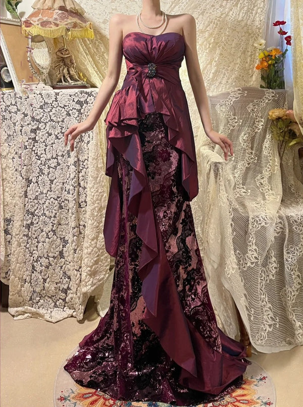 Lila Spitze Wunderschöne Meerjungfrau Langes Satin Ballkleid Abendkleid gh4440