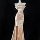 Robe de soirée longue en satin doré métallisé/champagne clair/blanc gh4840