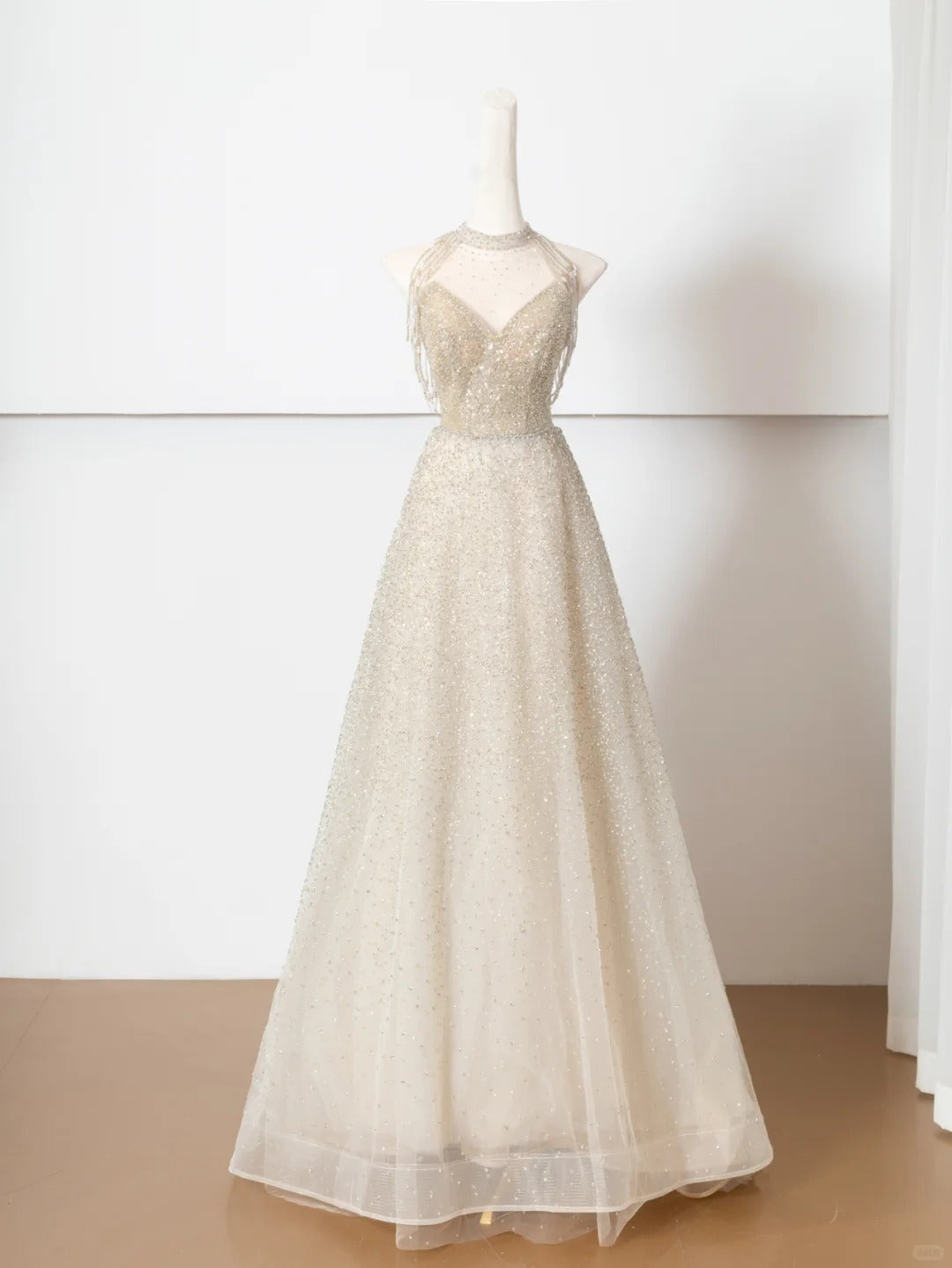 Champagner-Gold glänzendes elegantes Tüll langes Ballkleid Abendkleid Partykleid gh4870