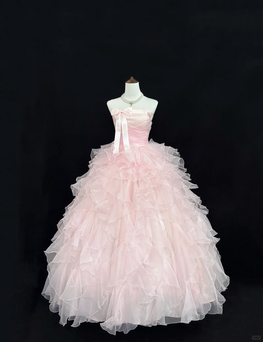 Blush Pink Strapless Cinched Waist Voluminous Tiered Skirt Romantic Dress, Wedding Gown gh7914