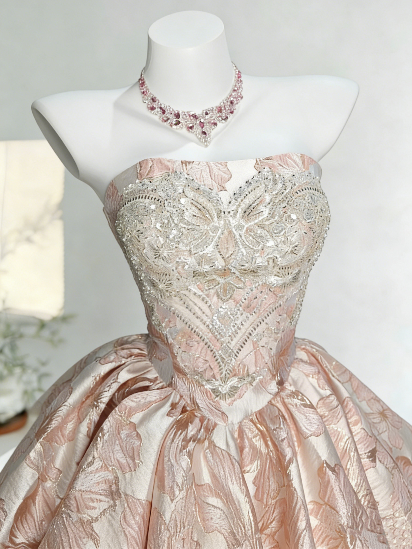 Pink-Gold Butterfly Feather Strapless Beaded Mini Ball Gown gh6922