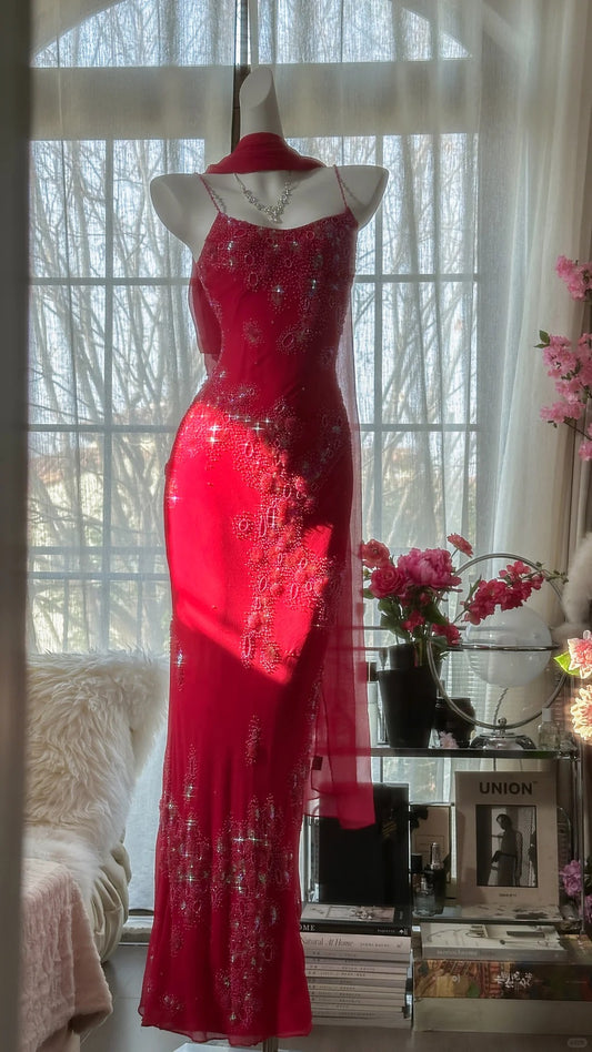 Rotes romantisches, wunderschönes, modisches, elegantes, exquisites, perlenbesetztes, langes Chiffon-Ballkleid, Abendkleid für Geburtstage/Hochzeitsgäste/Urlaubspartys, Ballkleid, Valentinstags-Date-Kleid, gh4027
