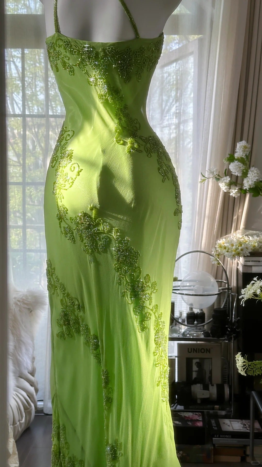 Grün wunderschöne Mode eine Schulter elegante Vintage exquisite Perlen lange Chiffon Ballkleid Abendkleid Geburtstag Party Kleid Ballkleid gh3951