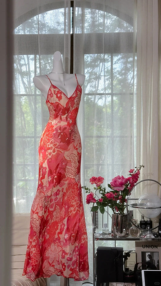 Red Beaded Romantic Elegant Long Chiffon Ball Gown Evening Gown Party Gown Date Gown gh4615