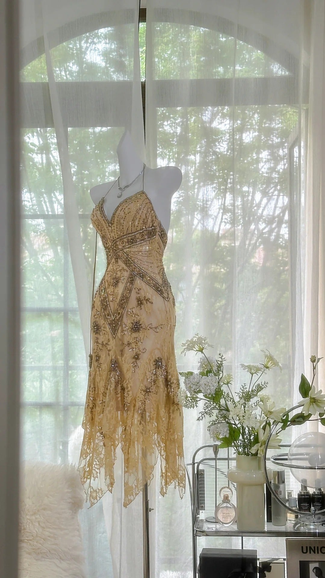Light yellow brown gorgeous and elegant vintage exquisite beaded long chiffon lace ball dress evening dress birthday party dress prom dress gh3950