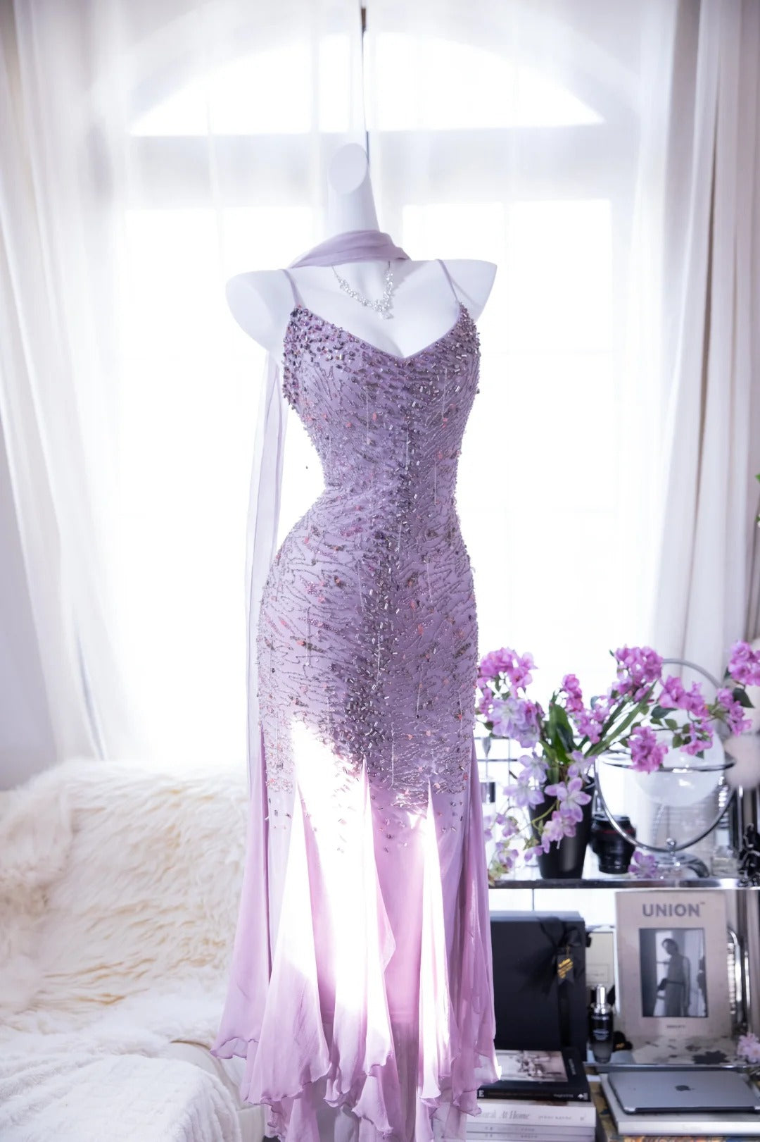 Hellviolettes, elegantes, romantisches, exquisites, perlenbesetztes, langes Chiffon-Ballkleid, Abendkleid für Geburtstage, Hochzeitsgäste und Feiertage, Partykleid, Abschlussballkleid gh4022