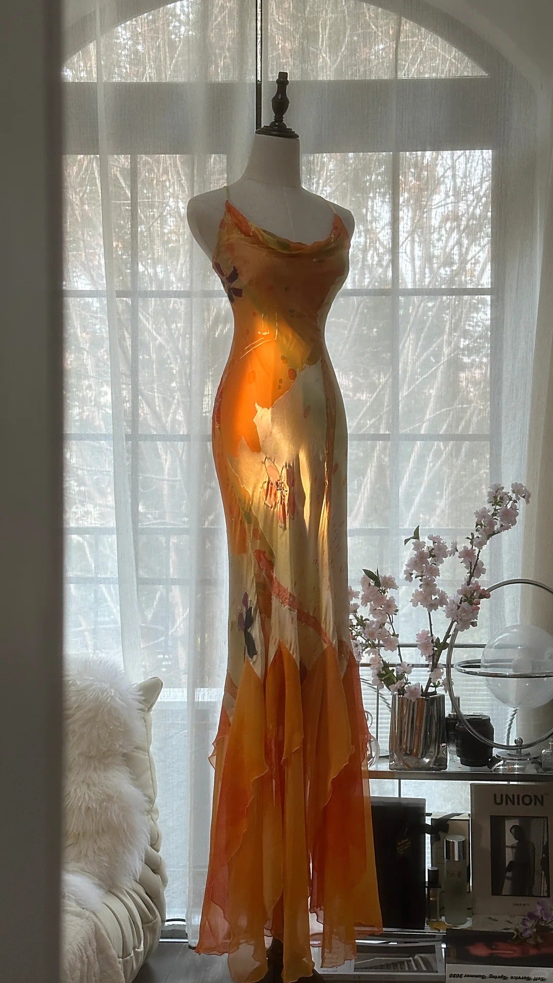 Orange Zarte Blumen Spaghetti Strap Lange Satin Chiffon Ballkleid Abendkleid Partykleid gh4093