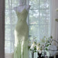 Robe de soirée longue à volants et paillettes, verte et brillante, gh4319