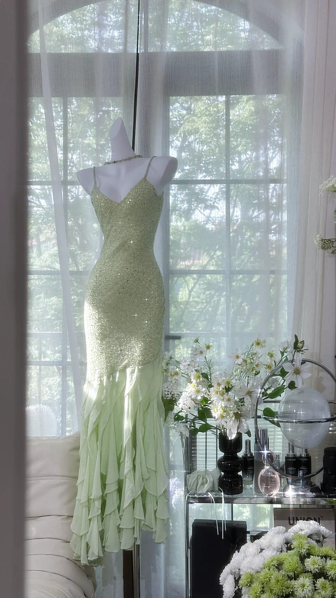 Robe de soirée longue à volants et paillettes, verte et brillante, gh4319