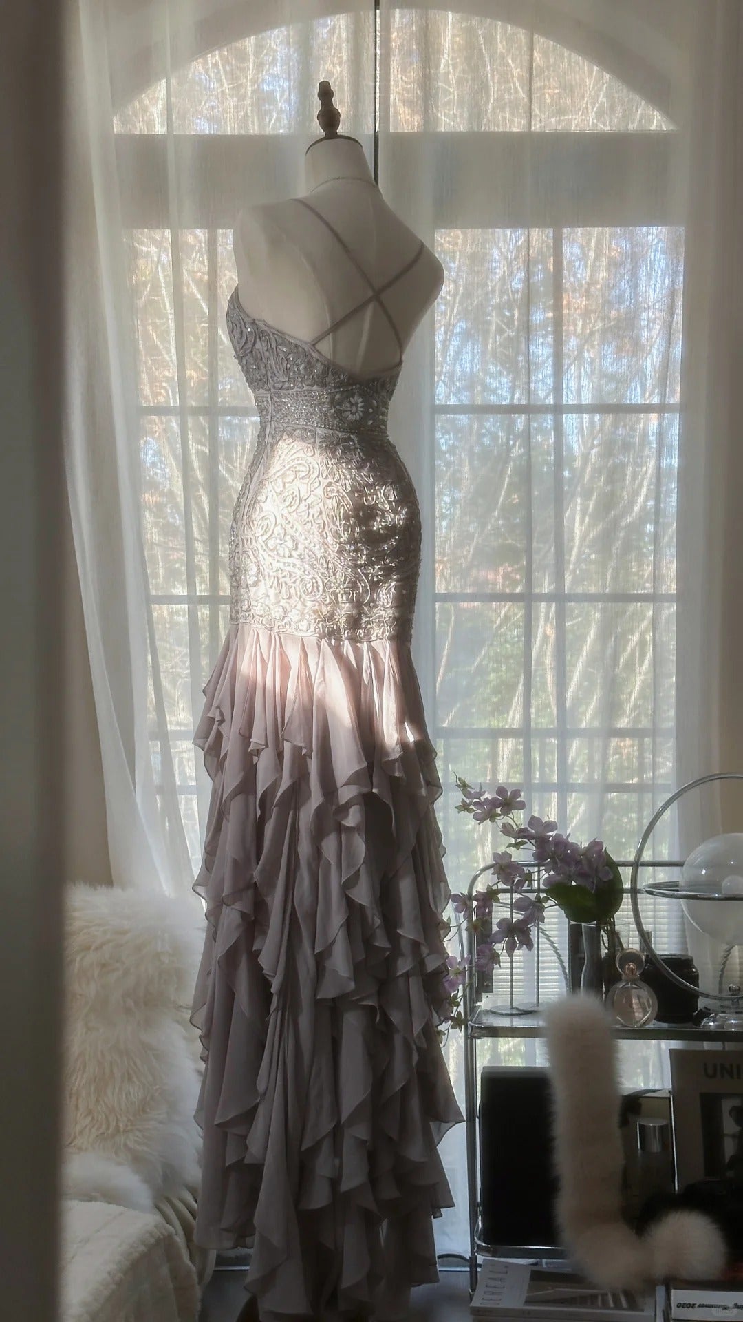 Lila Romantisches Wunderschönes Exquisites Elegantes Perlenbesetztes Spitzen-Lang-Chiffon-Abendkleid Ballkleid Ballkleid Geburtstags-Ferien-Partykleid gh4046