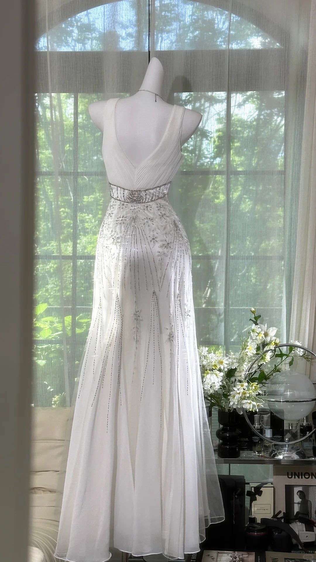 Girlhomeshops-Weißes, exquisites, perlenbesetztes, langes Chiffon-Ballkleid, Abendkleid, Partykleid, gh5077